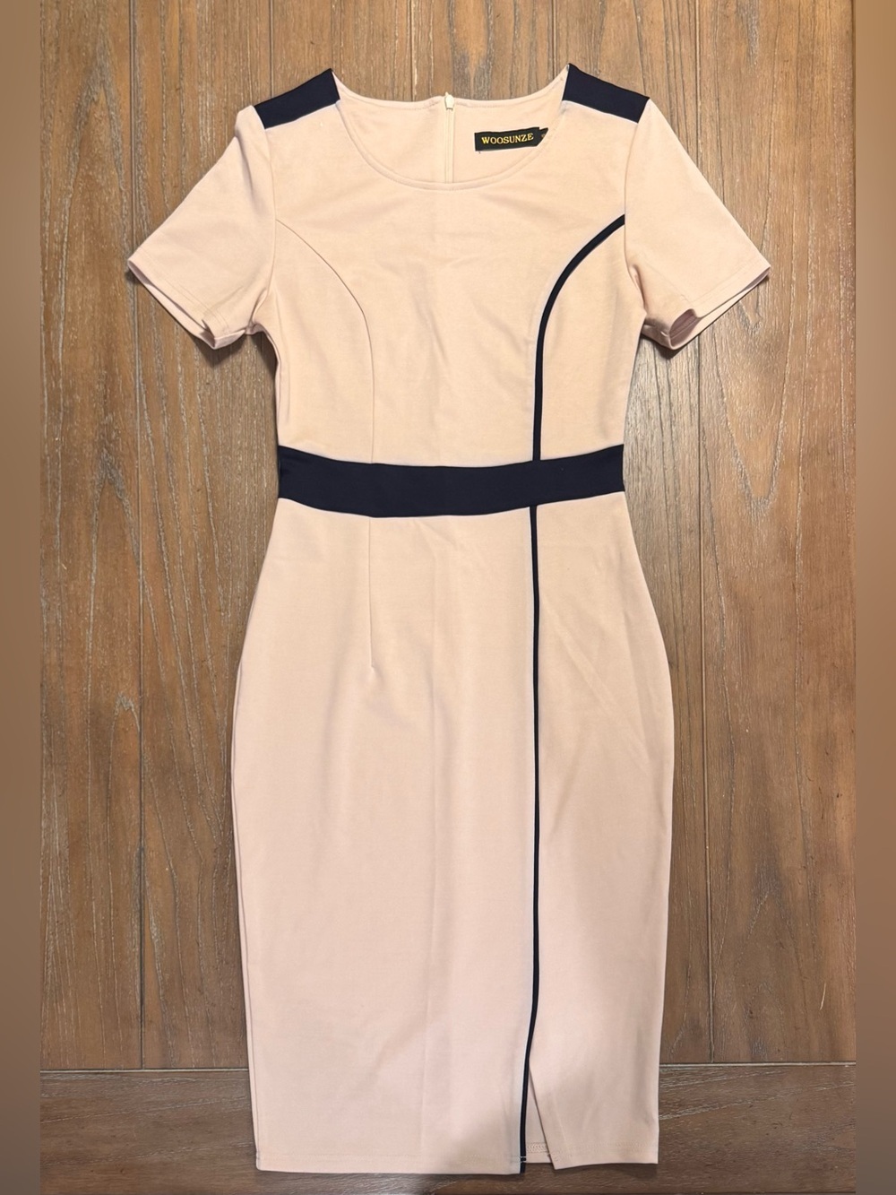 Blush Midi Sheath Dress with Black Accents